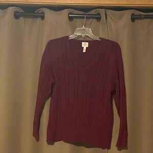 Women's V-Neck Cable Knit Sweater - Burgundy